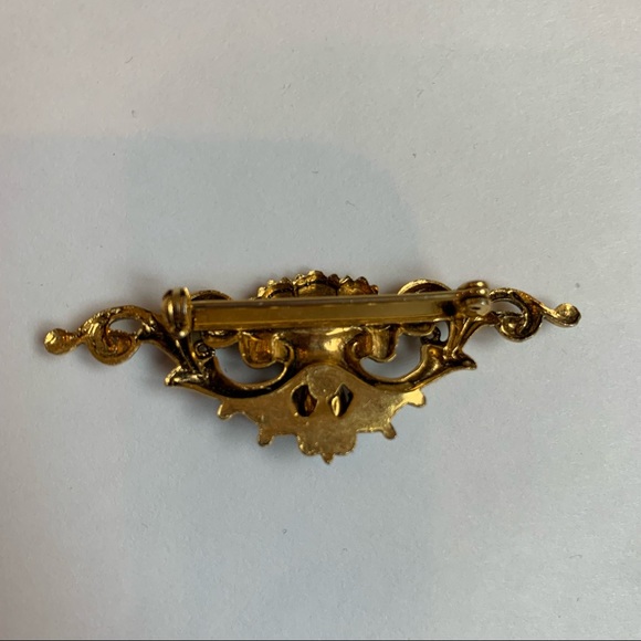 Gold Tone Faux Opal Vintage Bar Brooch Scrolls Victorian Baroque Style - Picture 4 of 6